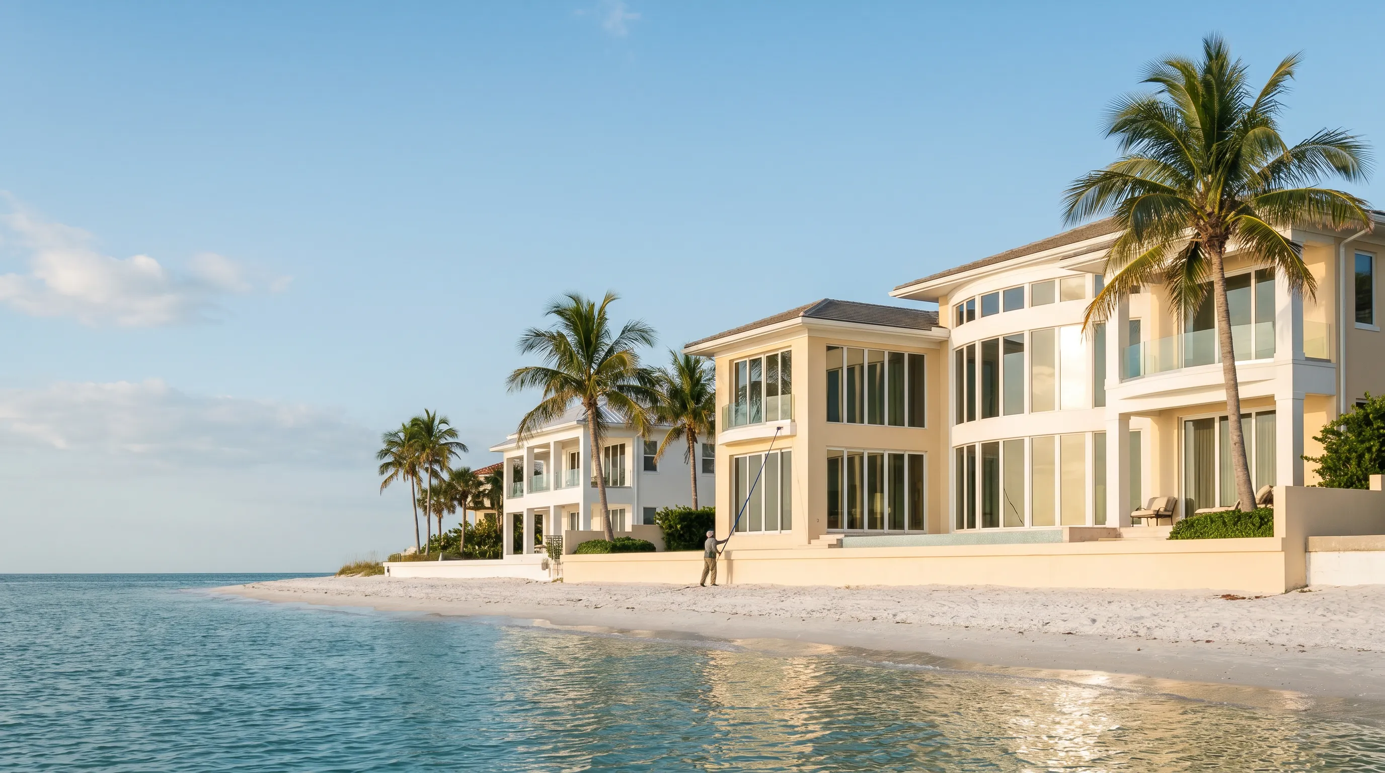 Luxury Gulf-front home in Sarasota with crystal-clear windows at golden hour