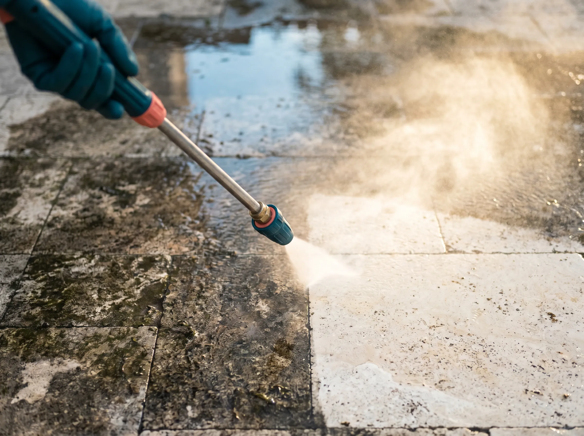 Pressure washing revealing a clean stripe on stone