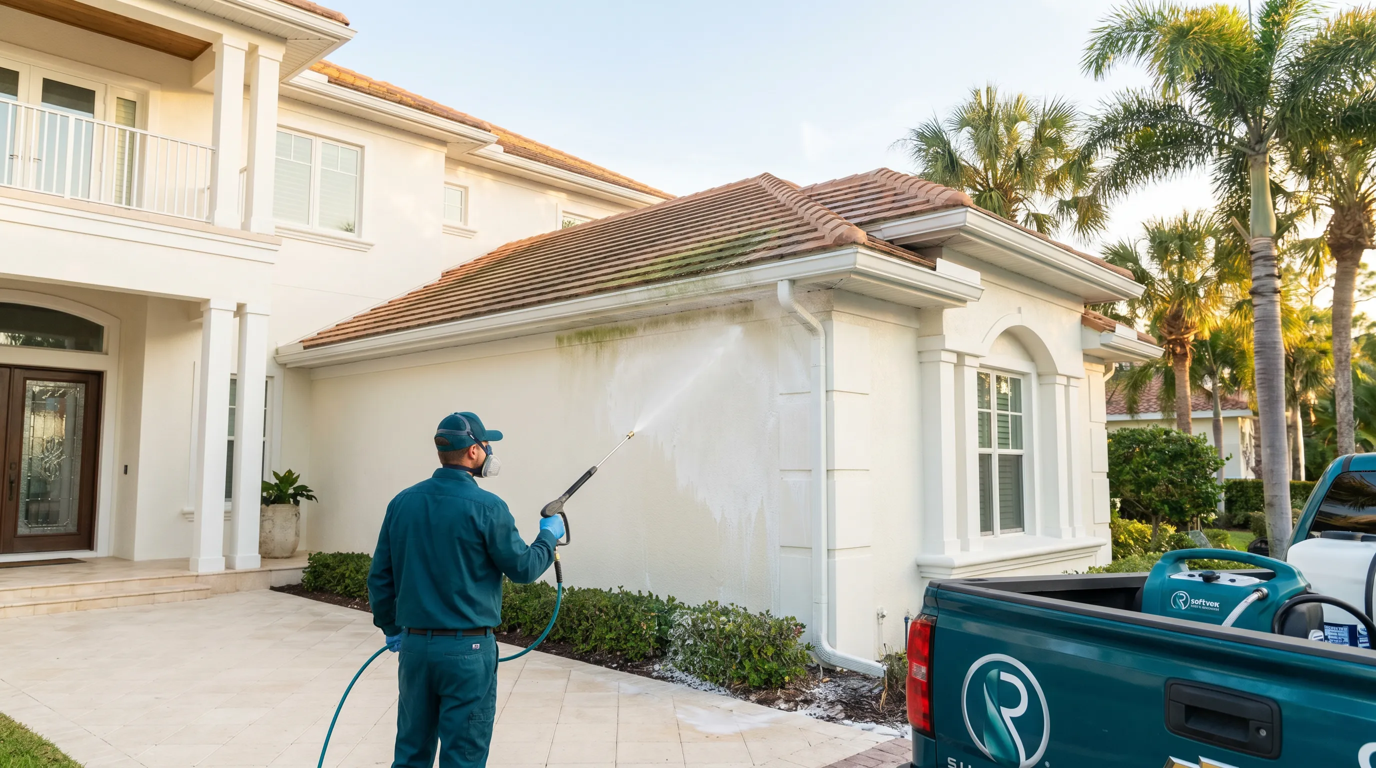 Soft washing a luxury home exterior in Sarasota