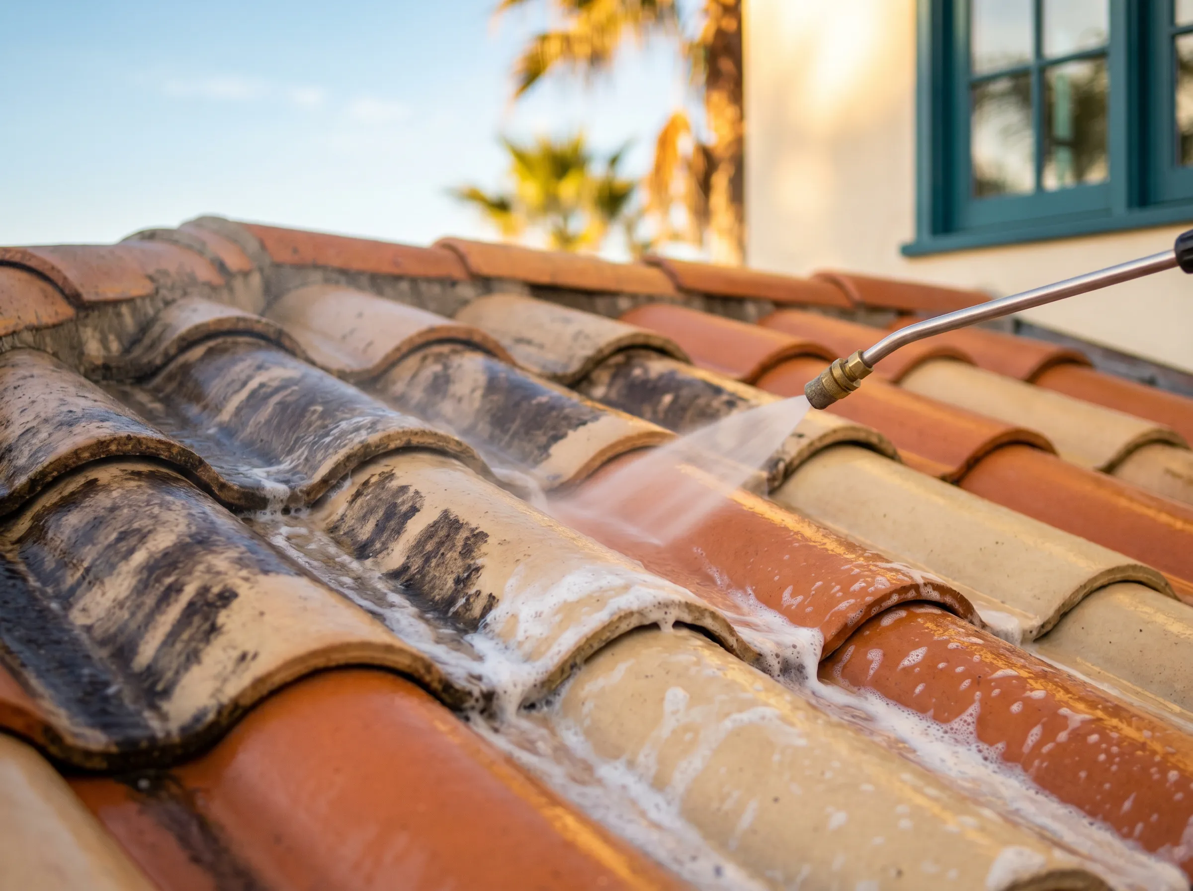 Roof soft washing removing algae streaks