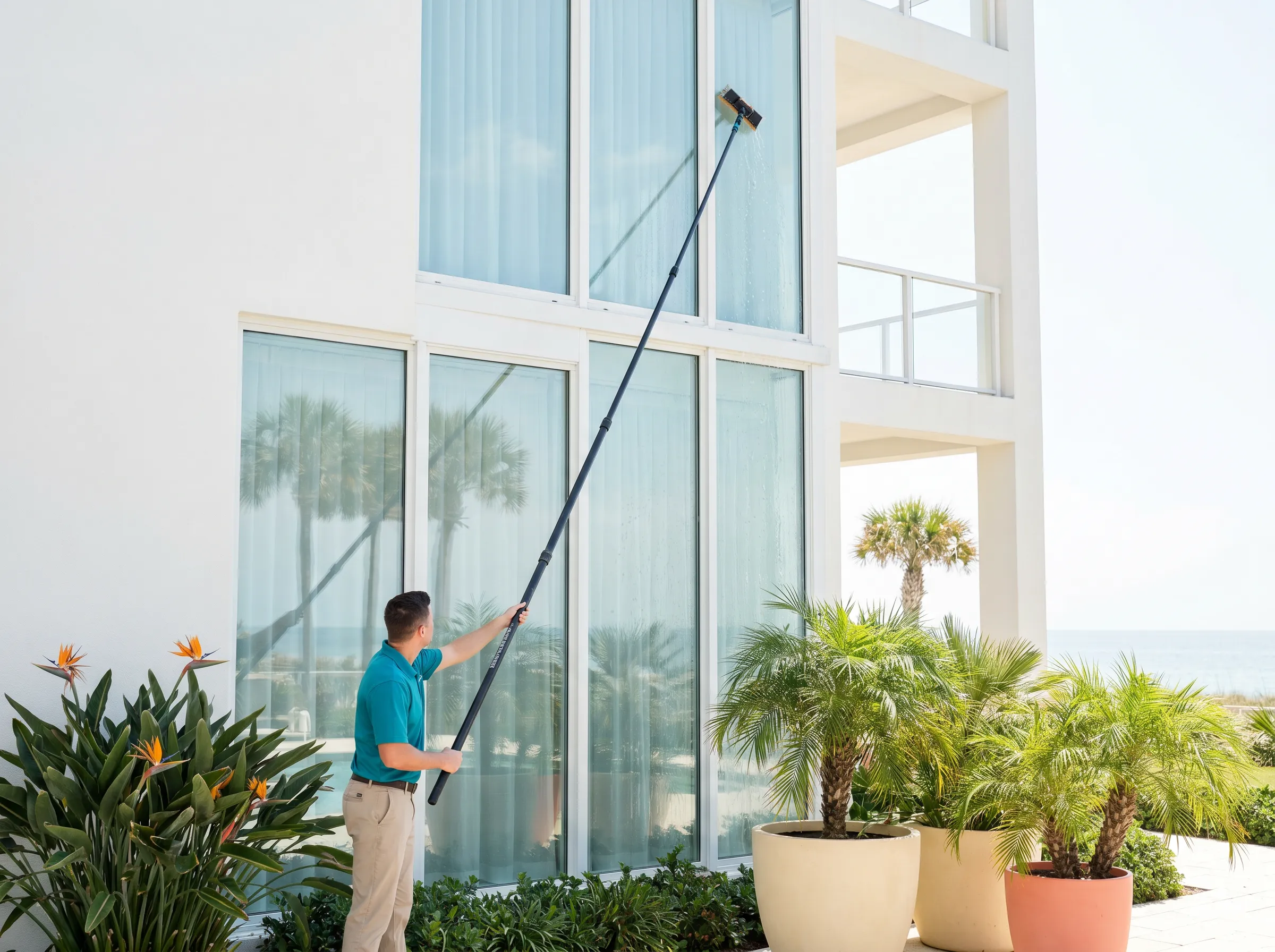 Pure-water pole cleaning tall exterior windows